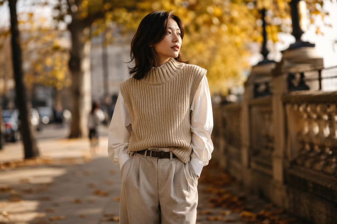 Banner: High-quality street style photography of pre-fall layering with a knit vest