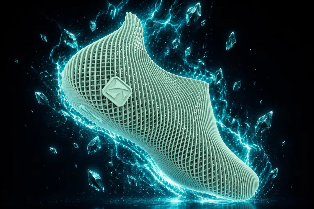 Banner: Futuristic HALS 3D-printed lattice sneakers in a luxury resort setting