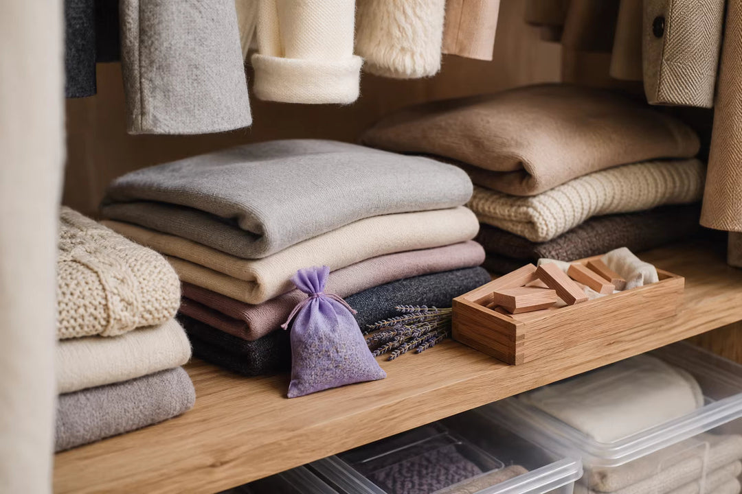 A well-organized closet with cashmere and wool knitwear, cedar wood, lavender, and sealed storage containers