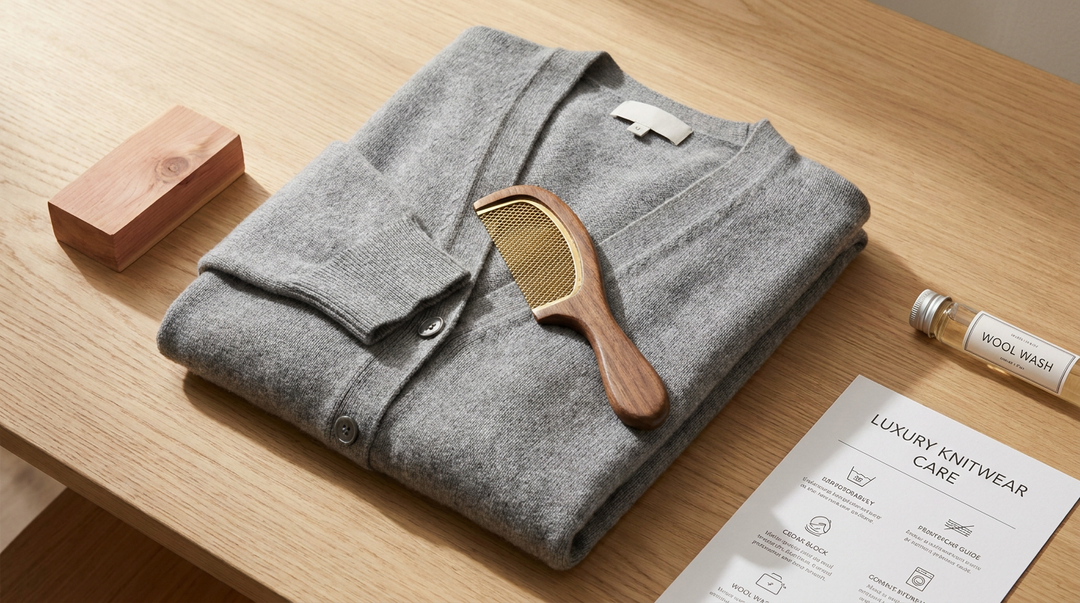 Wynool Grey Cardigan and Wooden Sweater Comb - Anti-Pilling Care Guide Banner - Flat Lay Table