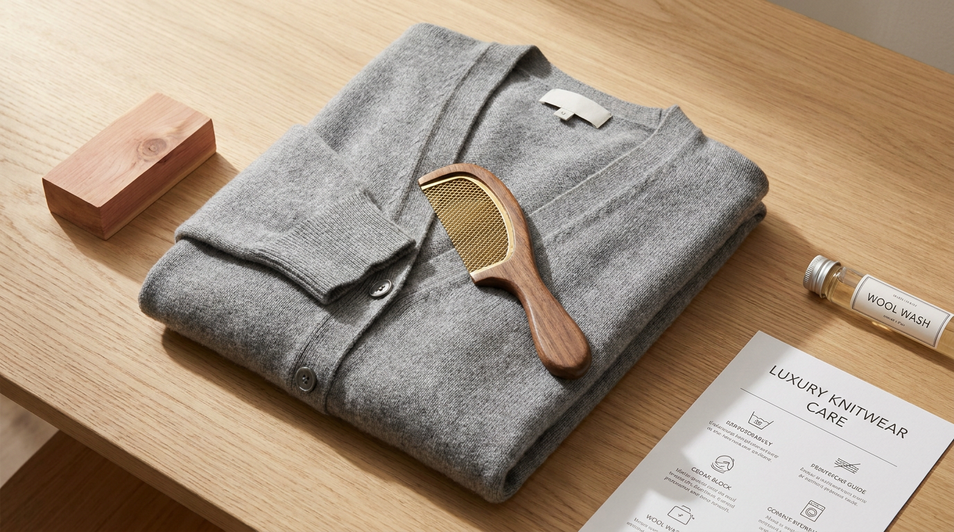 Wynool Grey Cardigan and Wooden Sweater Comb - Anti-Pilling Care Guide Banner - Flat Lay Table