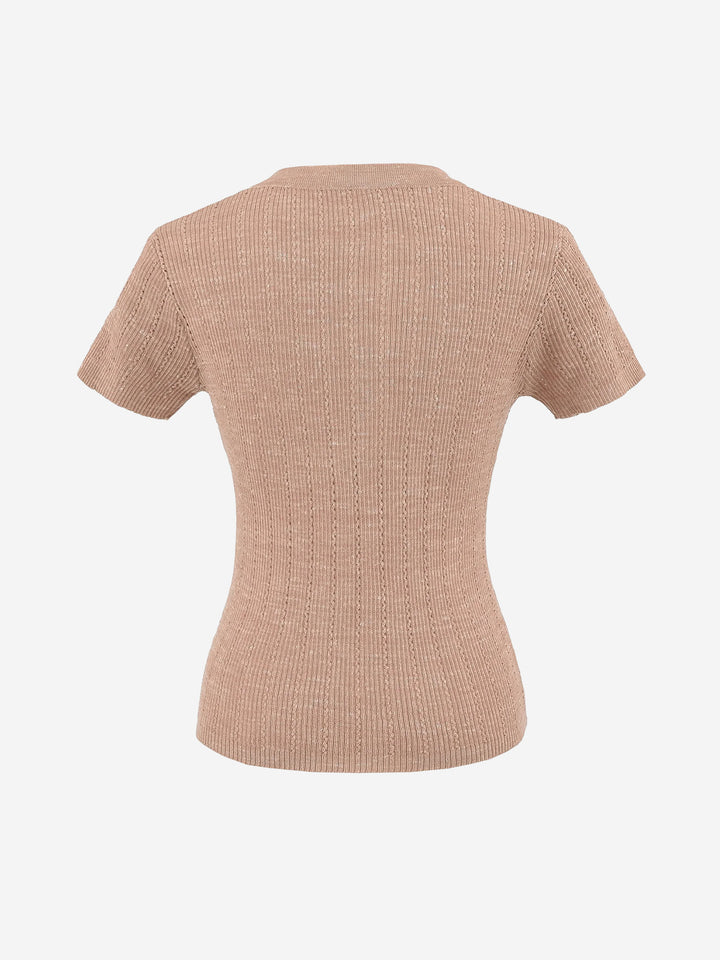 Damen Henley V-Ausschnitt Kurzarm-Strickoberteil