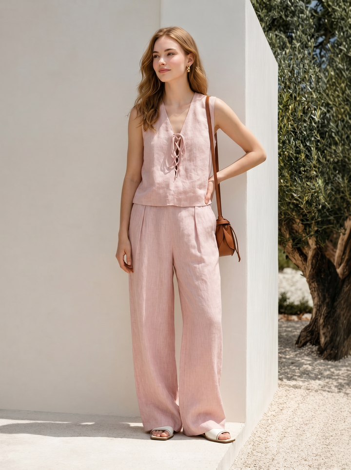 Mühelose Sommerbrise: Das Leinen-Look Hose-mit-Bindegürtel Set