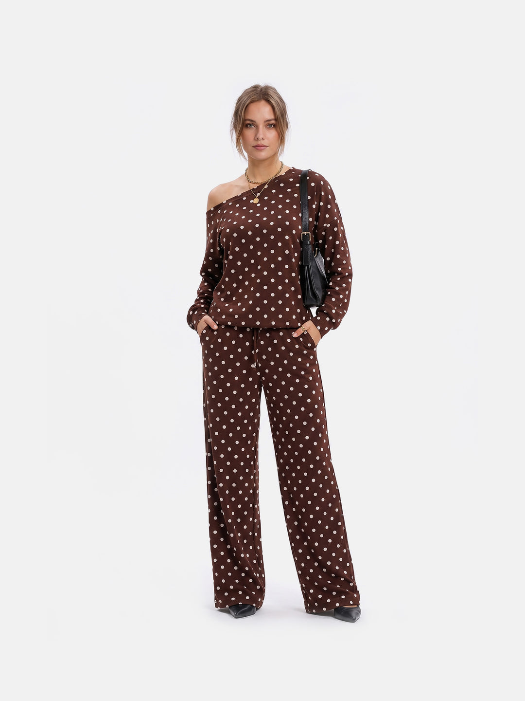Retro Polka Dot Off-Shoulder Lounge Set — Long Sleeve Asymmetric Top &amp; Wide-Leg Drawstring Pants