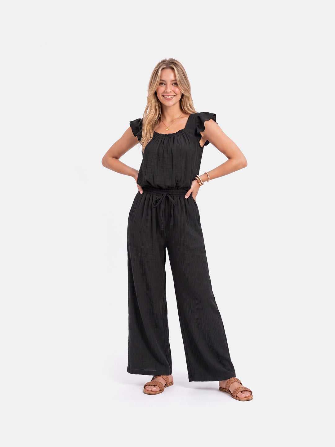 Square Neck Ruffle Jumpsuit Sleeveless Romper with Pockets