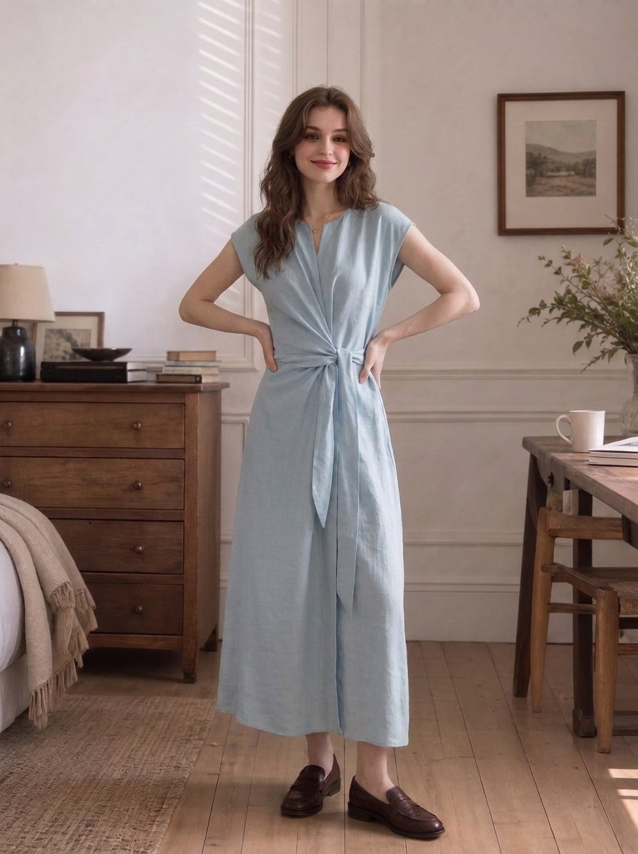 Robe midi en Tencel et lin avec ceinture à nouer — Robe d&