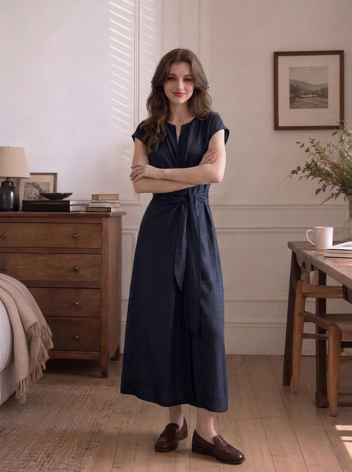 Robe midi en Tencel et lin avec ceinture à nouer — Robe d&