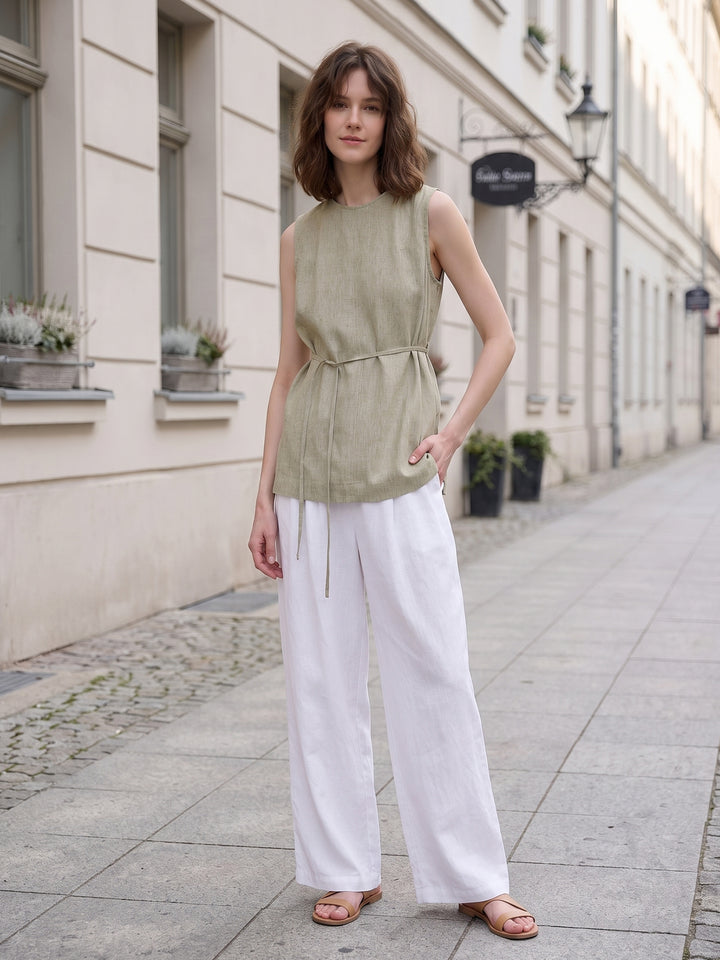 Effortless Pure Linen Sleeveless Tunic — Yarn-Dyed Mid-Length Vest with Self-Tie Waist &amp; Side Slits