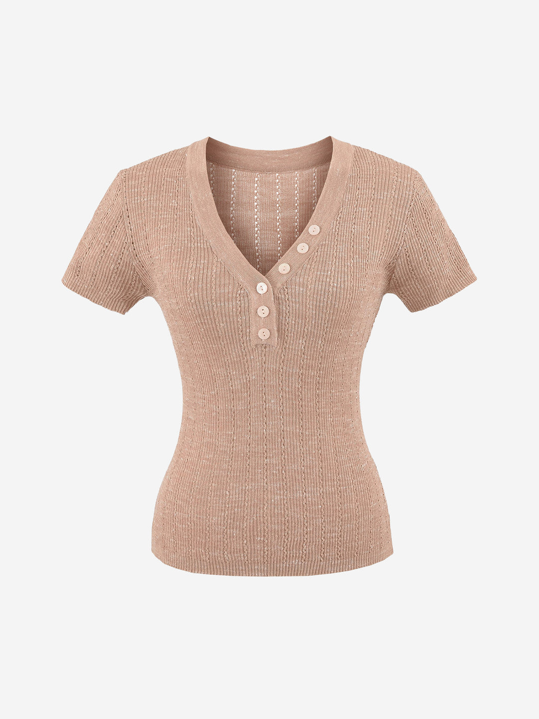 Damen Henley V-Ausschnitt Kurzarm-Strickoberteil