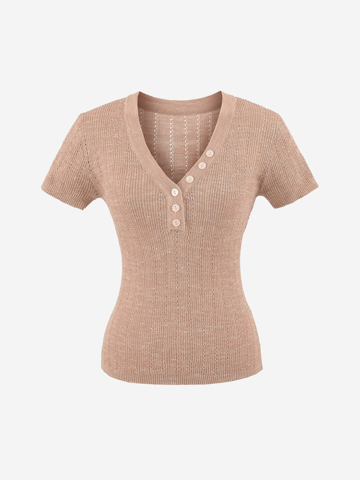 Damen Henley V-Ausschnitt Kurzarm-Strickoberteil