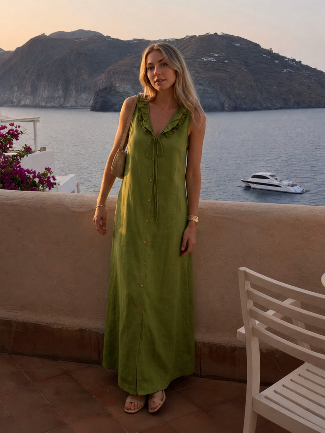Ruffle-Trim V-Neck Sleeveless Straight Dress