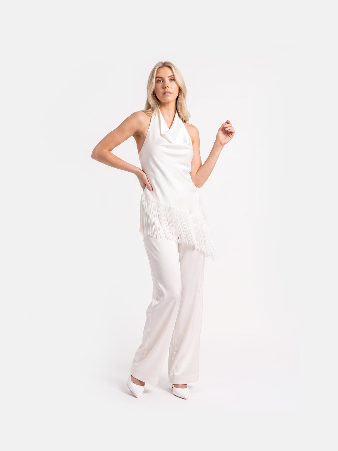 Elegant Sleeveless Asymmetric Fringe Halter Cowl Neck Two Piece Set Wide Leg Pants