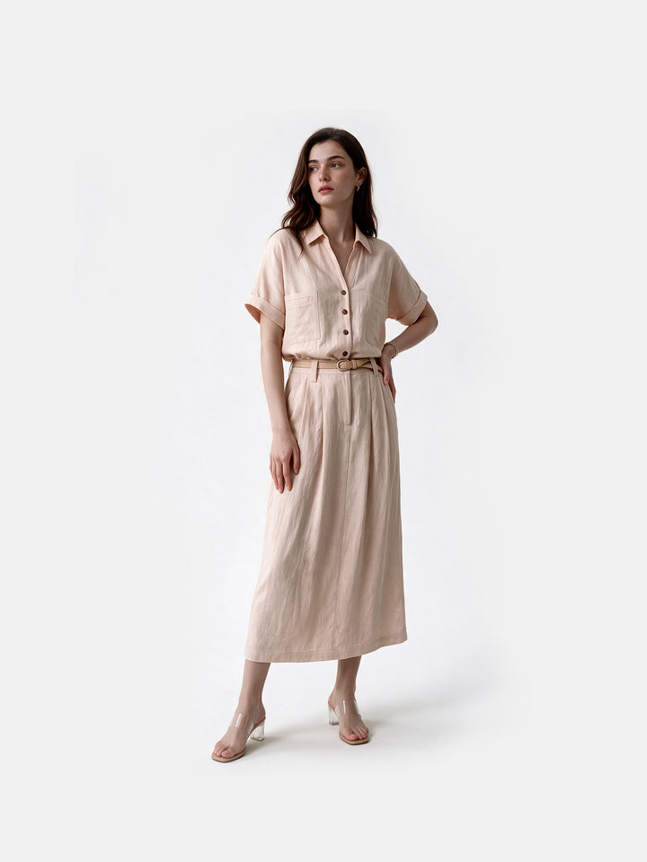 Rosa Lyocell-Leinen-Hemdkleid mit kurzen Ärmeln, Taschen und braunem Gürtel