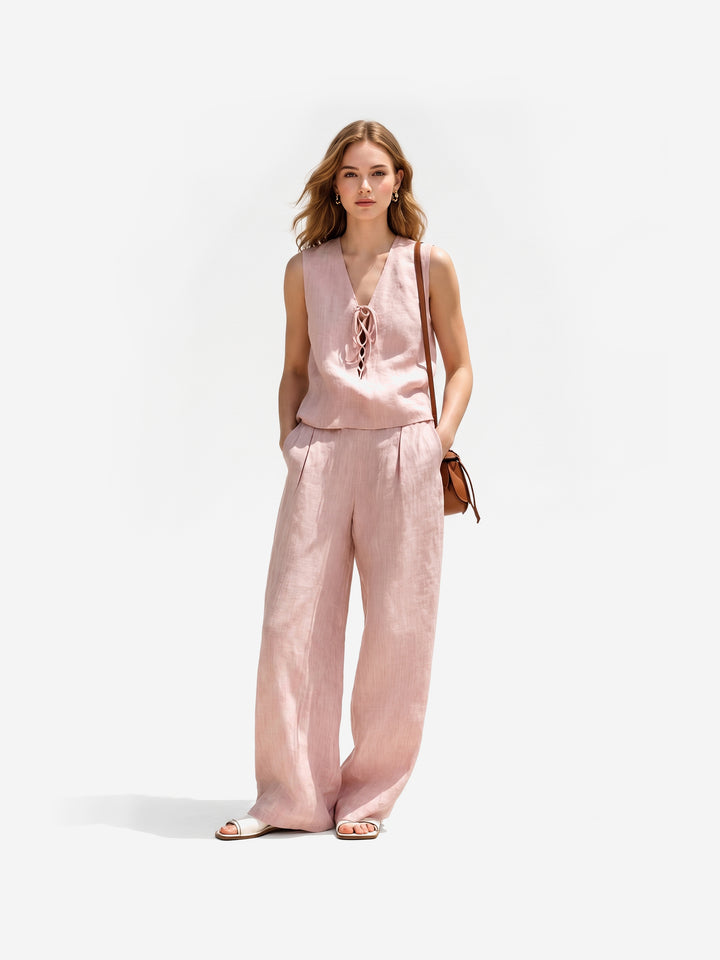 Mühelose Sommerbrise: Das Leinen-Look Hose-mit-Bindegürtel Set