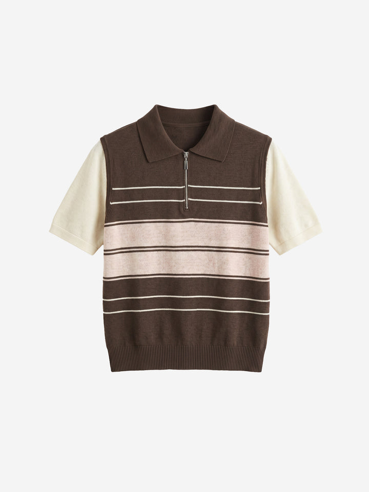 Striped Half-Zip Polo Sweater - 16GG Ultra-Fine Tencel Linen Knit