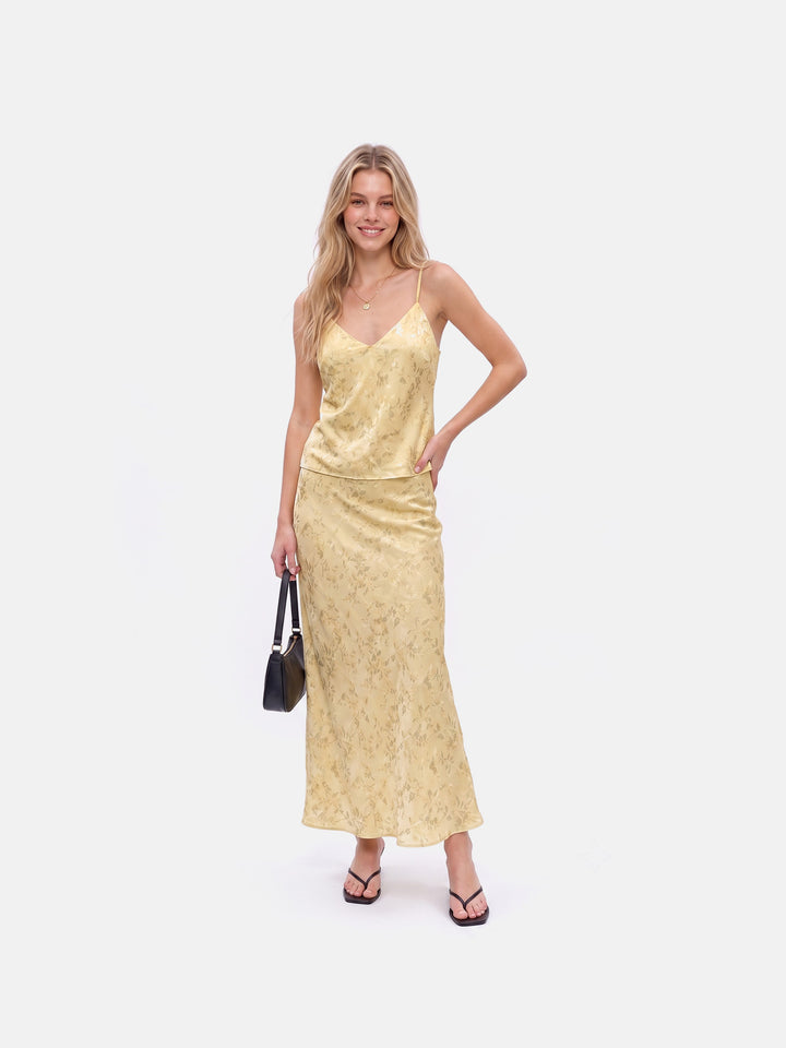 French V Neck Jacquard Camisole Cropped Top Fishtail Maxi Skirt Two Piece Set