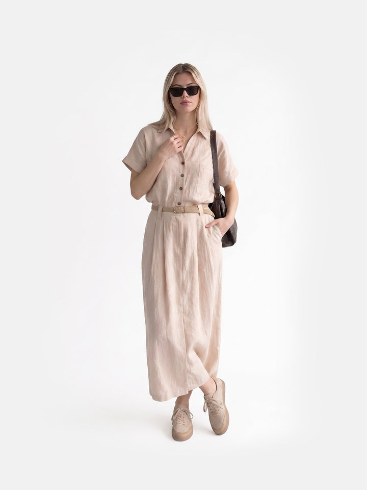 Pink Lyocell Linen Short Sleeve Shirt Dress with Pockets and Brown Belt
