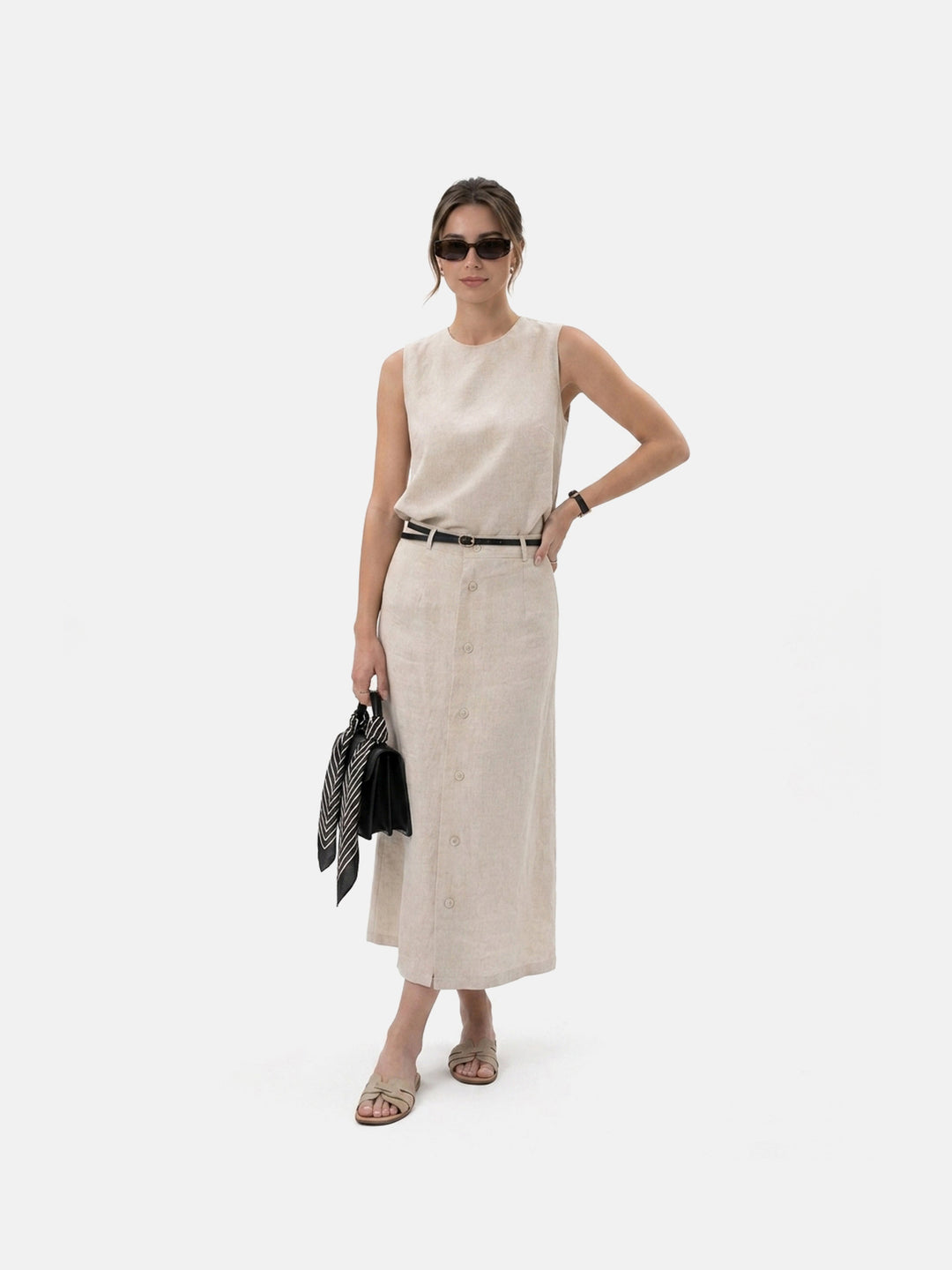 Linen Textured Crew Neck Sleeveless Top Button Front A Line Midi Skirt Two Piece Set
