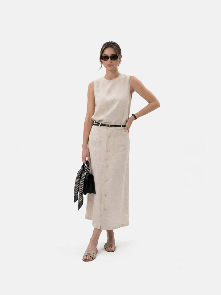Linen Textured Crew Neck Sleeveless Top Button Front A Line Midi Skirt Two Piece Set