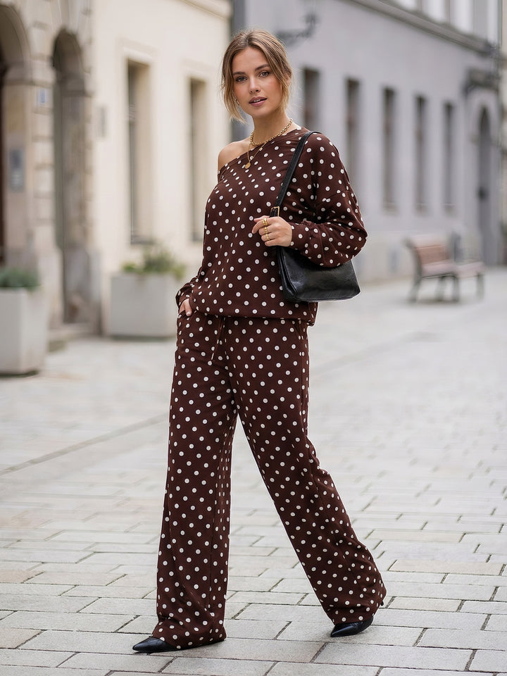 Retro Polka Dot Off-Shoulder Lounge Set — Long Sleeve Asymmetric Top &amp; Wide-Leg Drawstring Pants