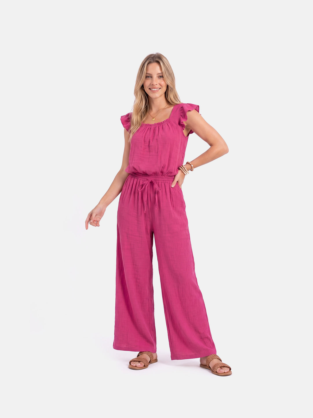 Square Neck Ruffle Jumpsuit Sleeveless Romper with Pockets