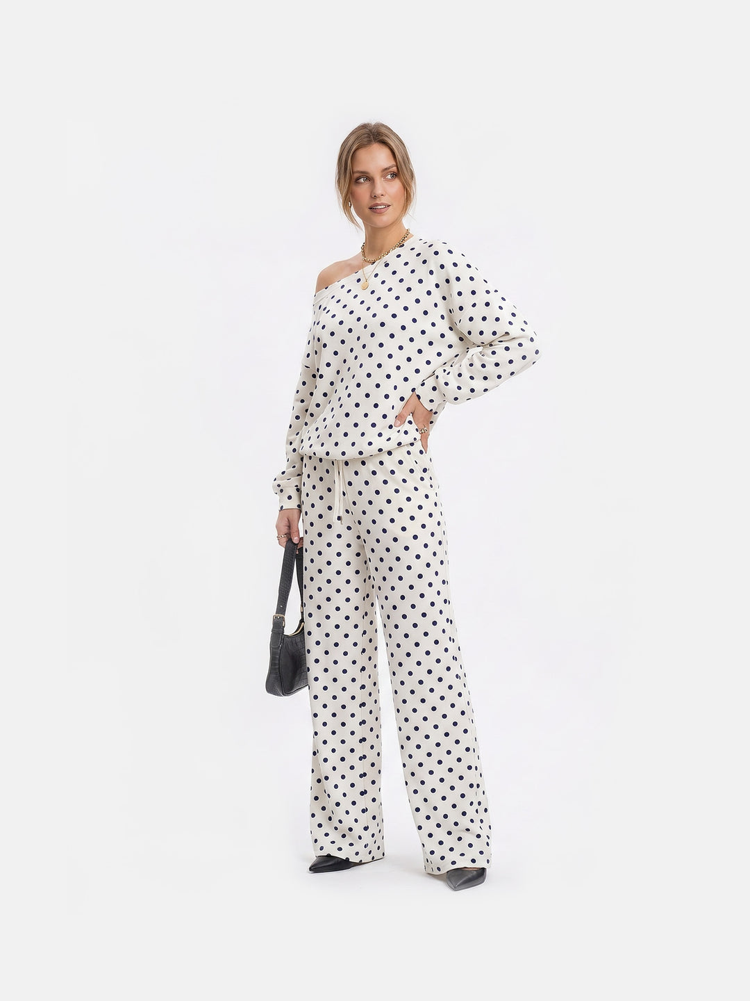Retro Polka Dot Off-Shoulder Lounge Set — Long Sleeve Asymmetric Top &amp; Wide-Leg Drawstring Pants