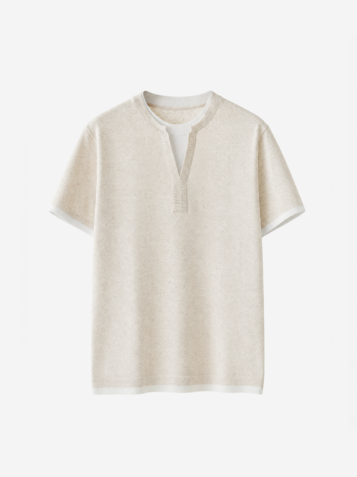 V-neck splicing fake two-piece knitted linen short-sleeved T-shirt top