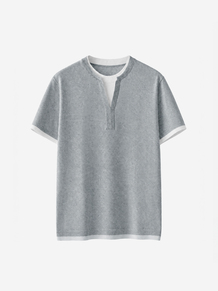 V-neck splicing fake two-piece knitted linen short-sleeved T-shirt top