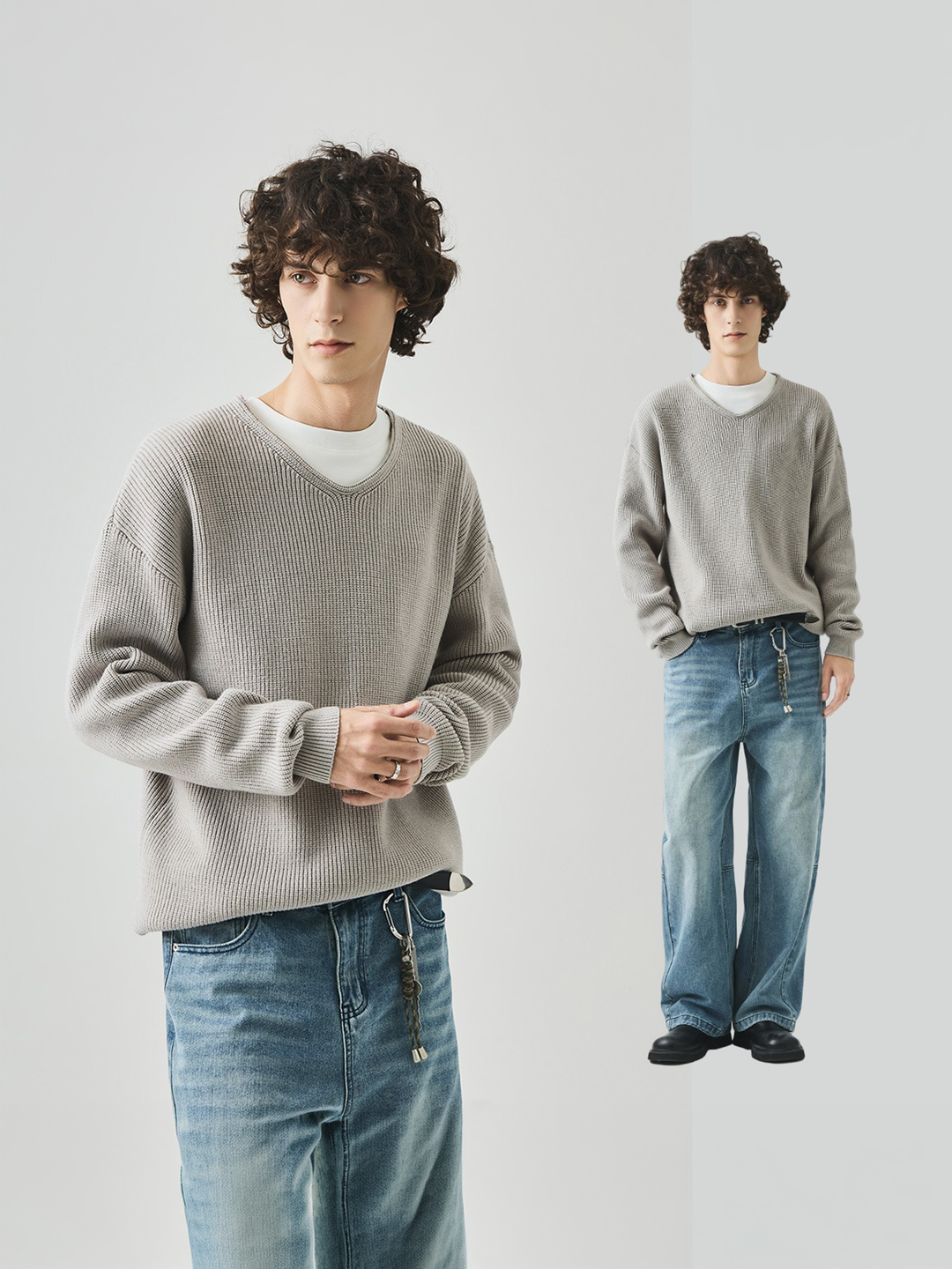 V-neck Loose Lazy Style Casual Long Sleeve Knitted Sweater Top