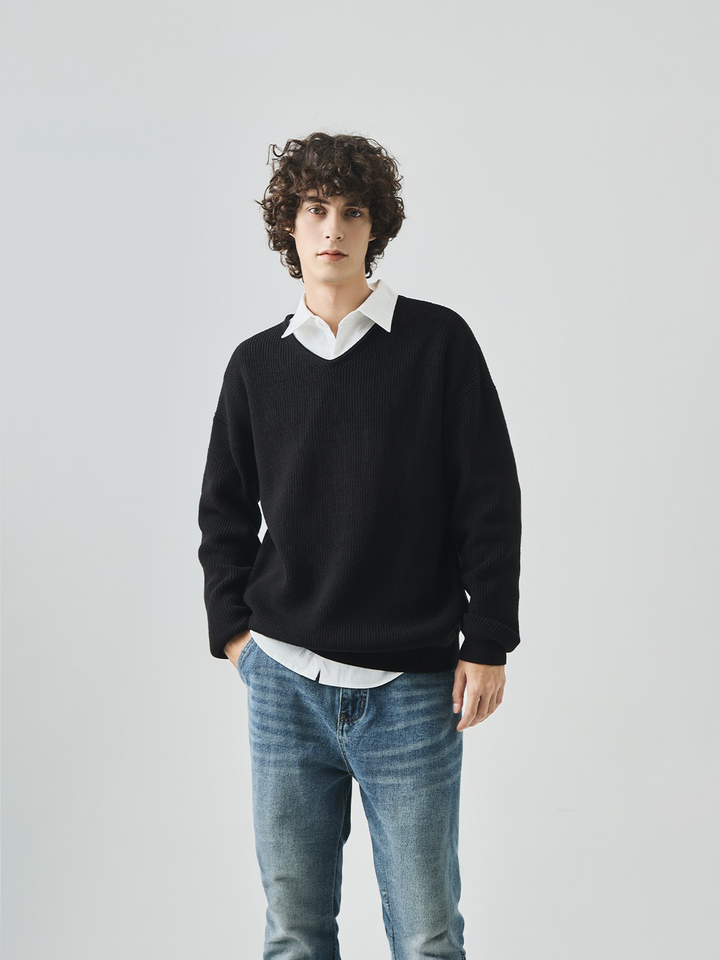 V-neck Loose Lazy Style Casual Long Sleeve Knitted Sweater Top