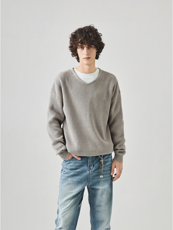 V-neck Loose Lazy Style Casual Long Sleeve Knitted Sweater Top