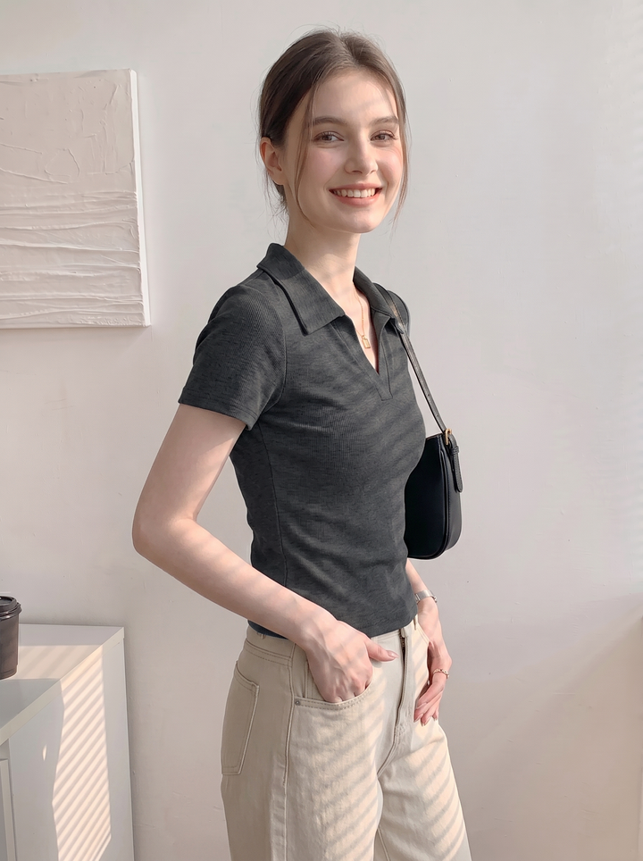 Geripptes, gerafftes, bauchfreies Kurzarm-Top für Damen