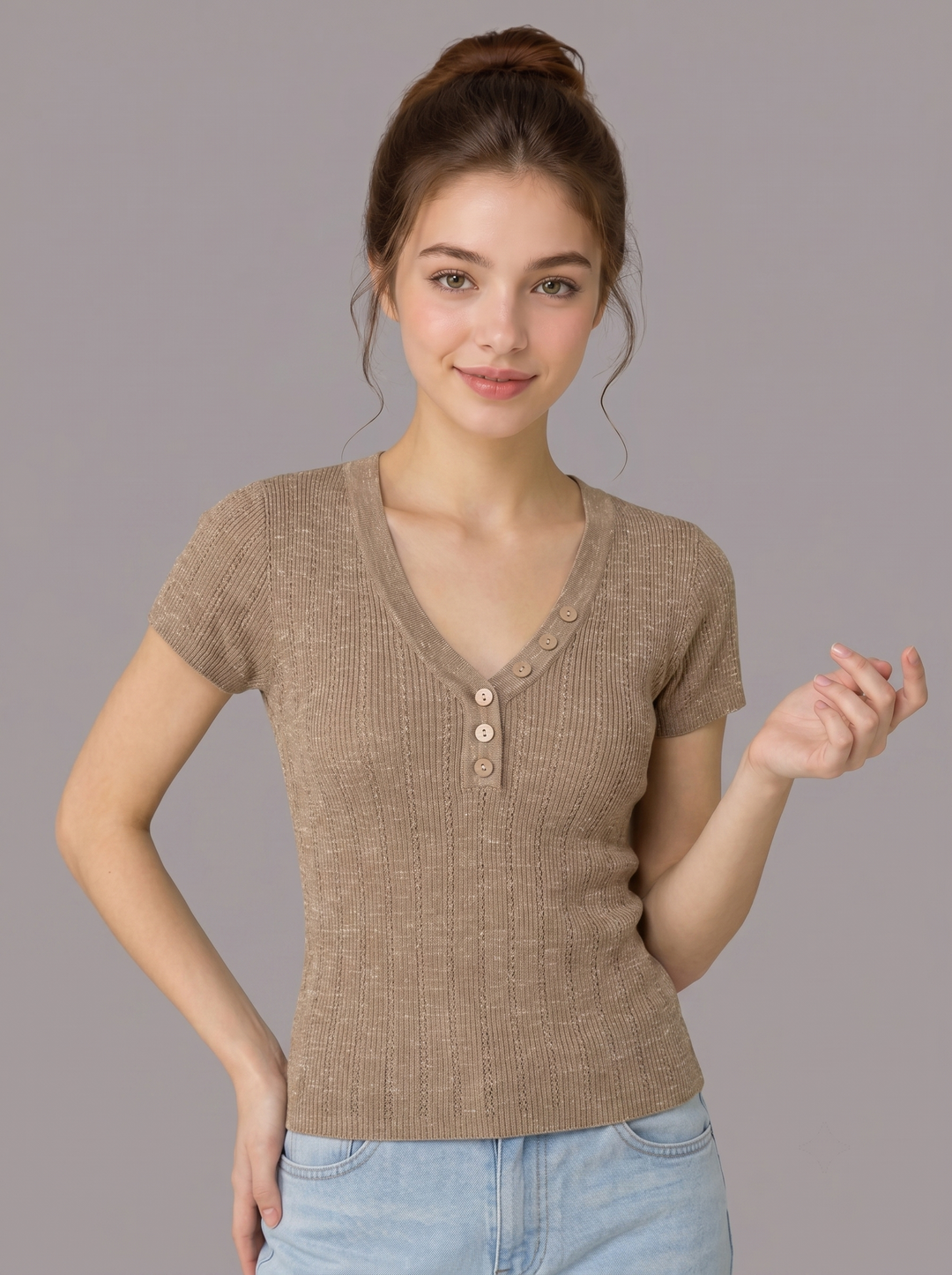 Damen Henley V-Ausschnitt Kurzarm-Strickoberteil