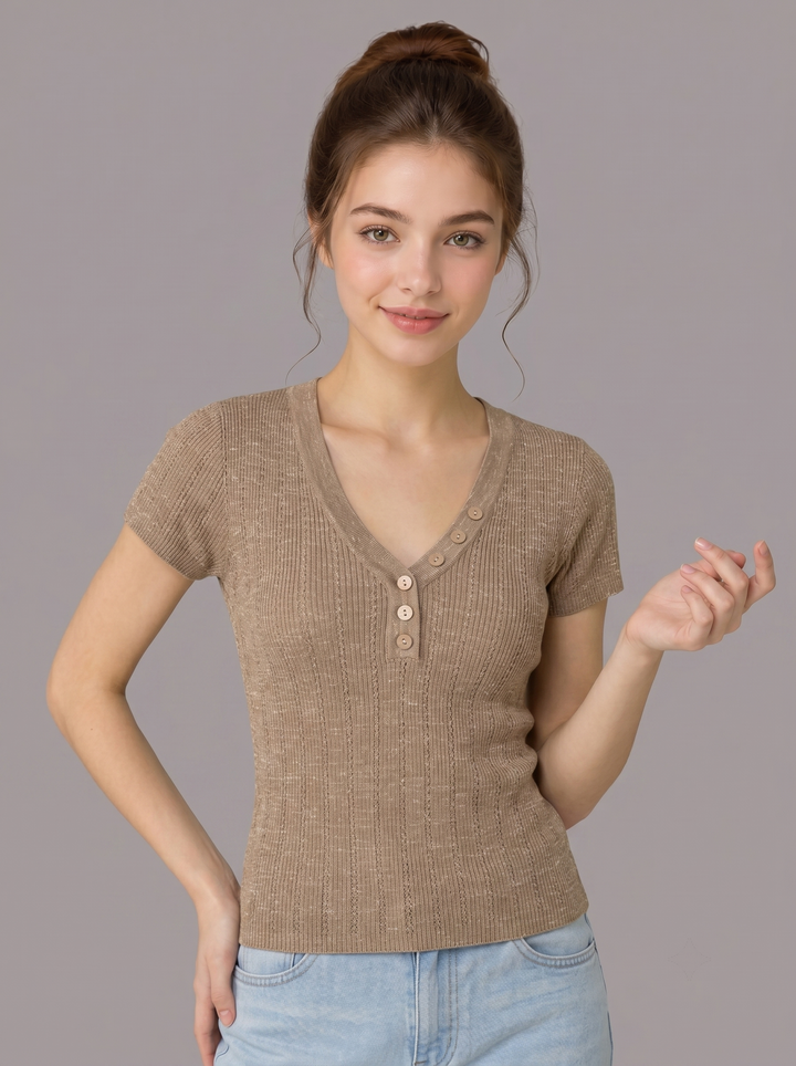 Damen Henley V-Ausschnitt Kurzarm-Strickoberteil