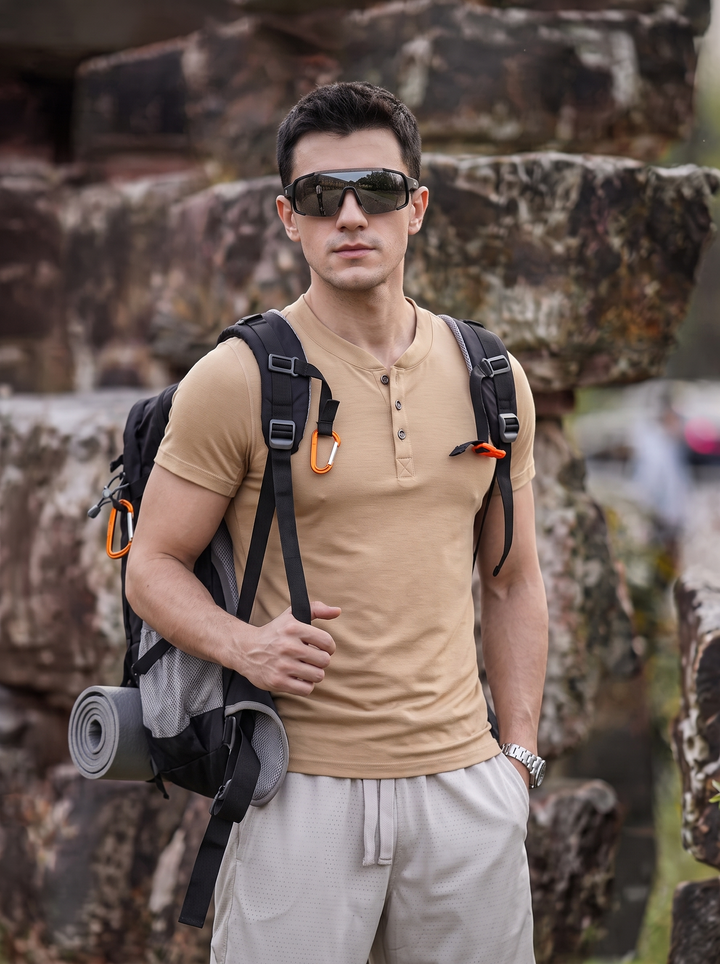 T-shirt Henley en laine mérinos à séchage rapide pour homme, idéal pour la randonnée et les activités de plein air