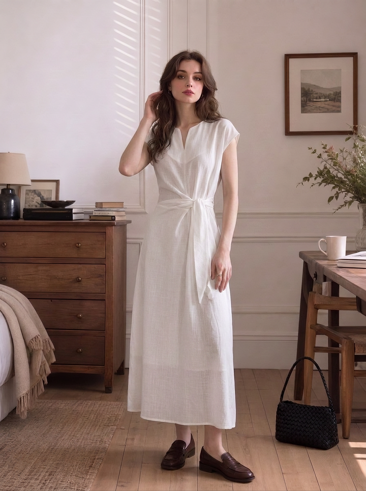 Robe midi en Tencel et lin avec ceinture à nouer — Robe d&