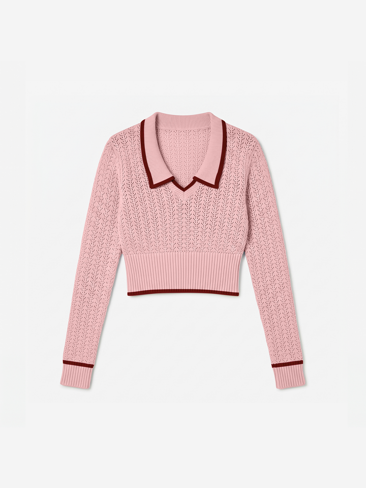Women Breathable Contrast Trim Polo Collar Cropped Knit Top