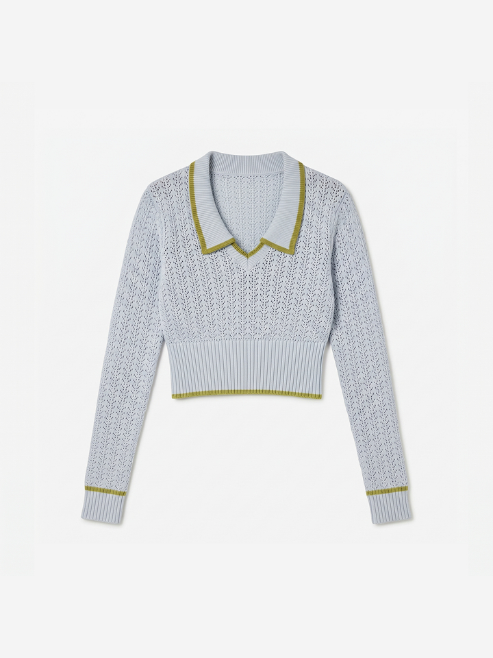 Women Breathable Contrast Trim Polo Collar Cropped Knit Top