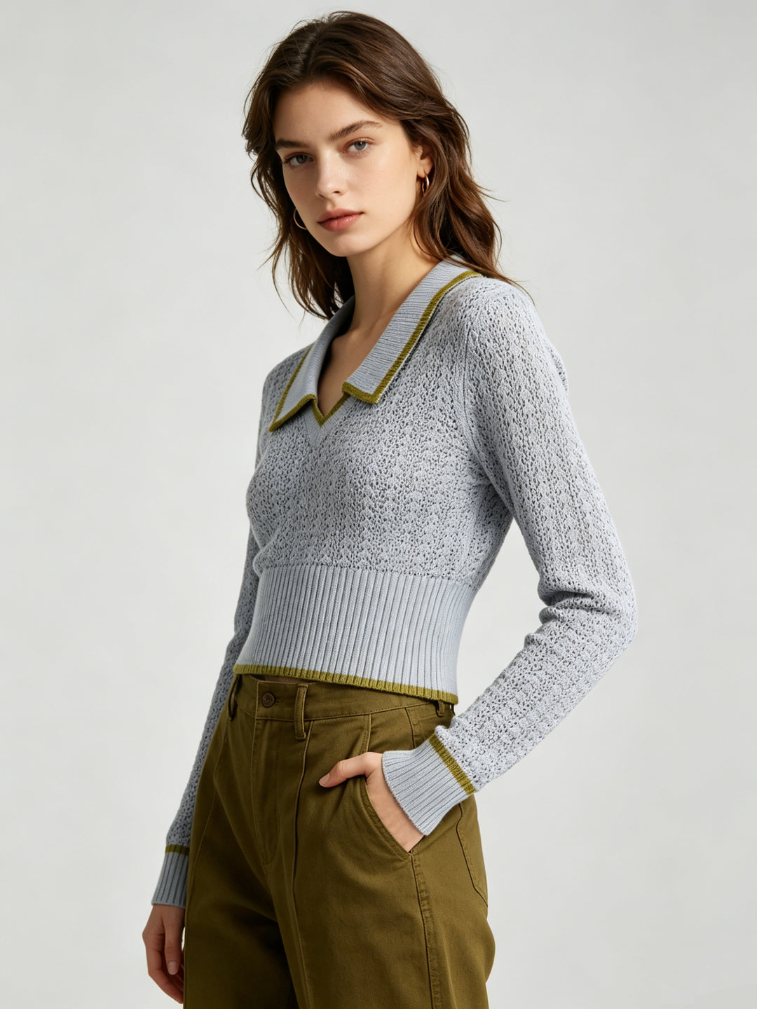 Women Breathable Contrast Trim Polo Collar Cropped Knit Top