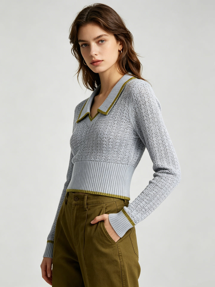 Women Breathable Contrast Trim Polo Collar Cropped Knit Top