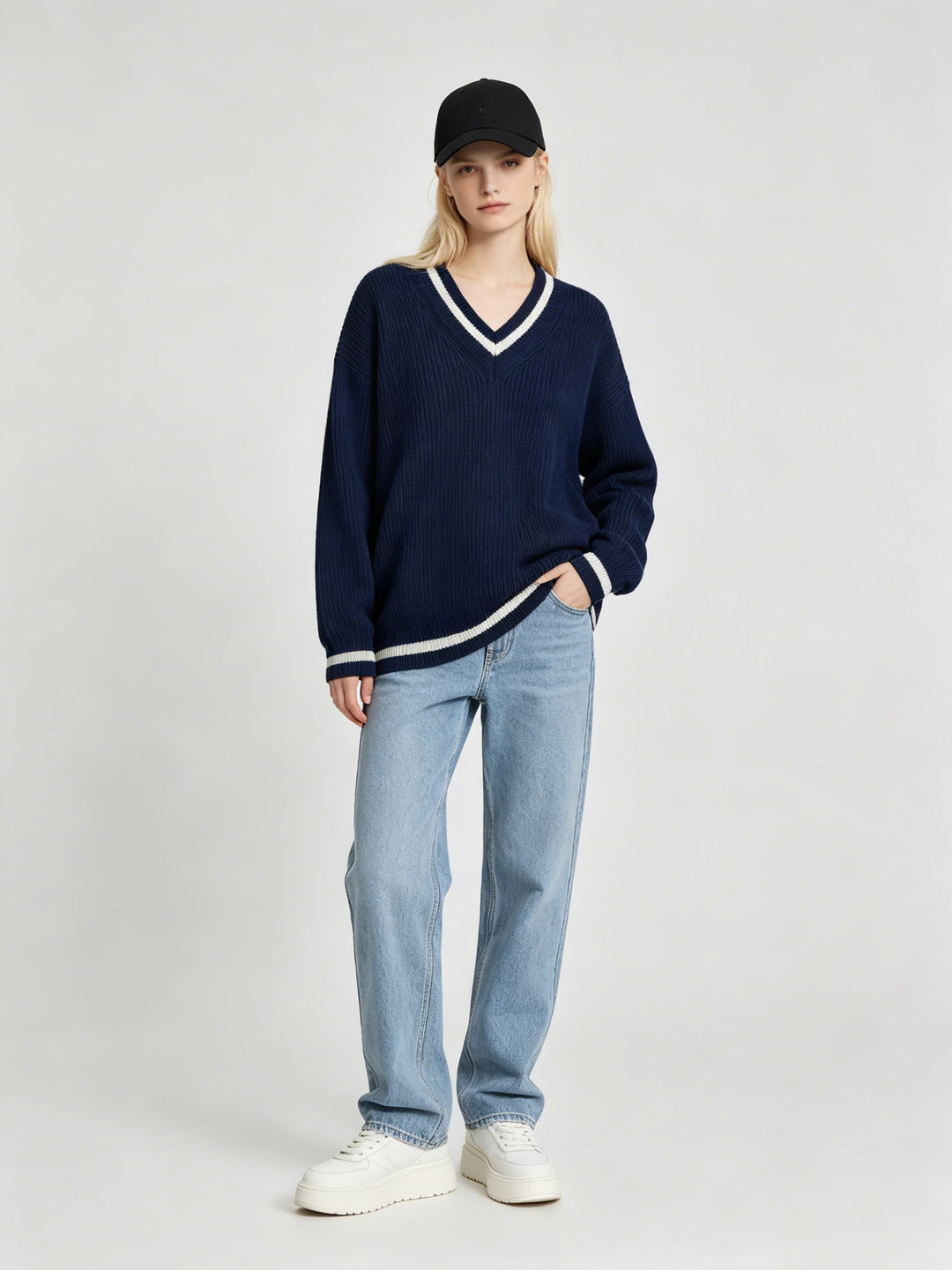 Women Preppy V-Neck Contrast Trim Oversize Knit Sweater