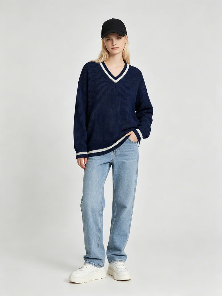 Women Preppy V-Neck Contrast Trim Oversize Knit Sweater