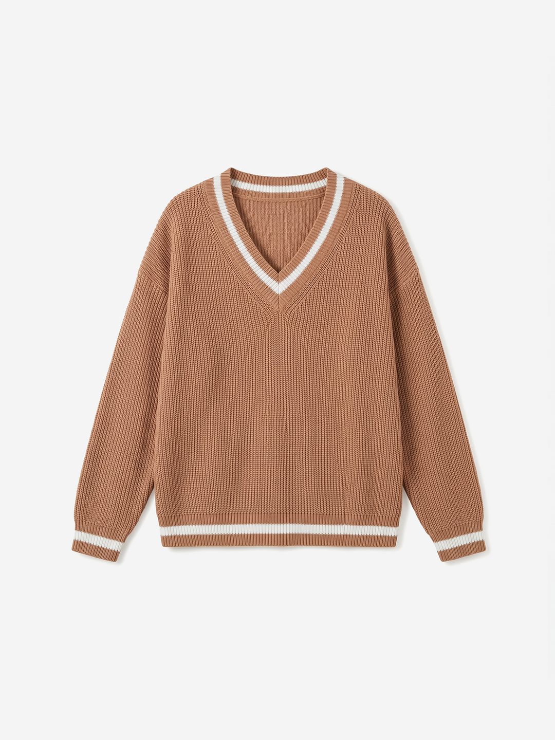 Women Preppy V-Neck Contrast Trim Oversize Knit Sweater