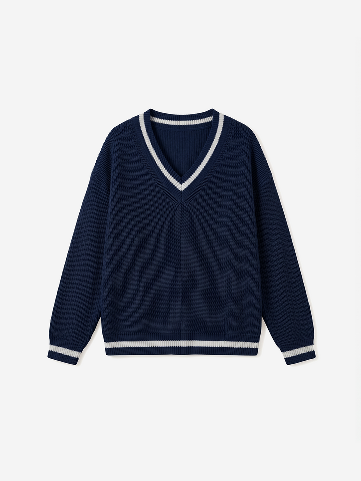 Women Preppy V-Neck Contrast Trim Oversize Knit Sweater