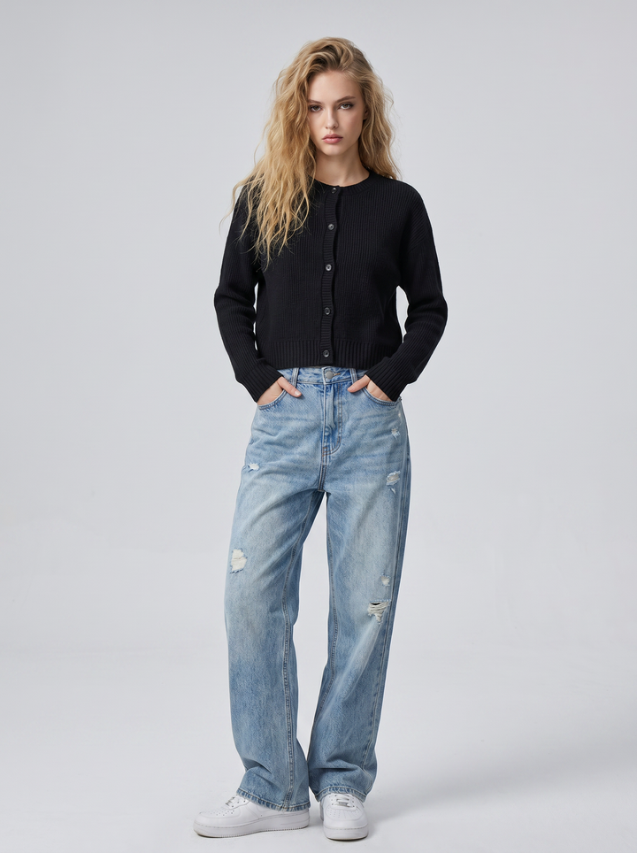 Women Soft Crew Neck Long-sleeved Knit Cardigan