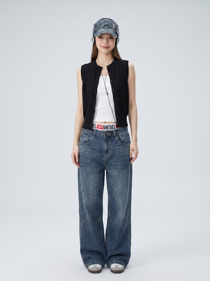 Women Classic Button-Front Ribbed Waist Knit Vest