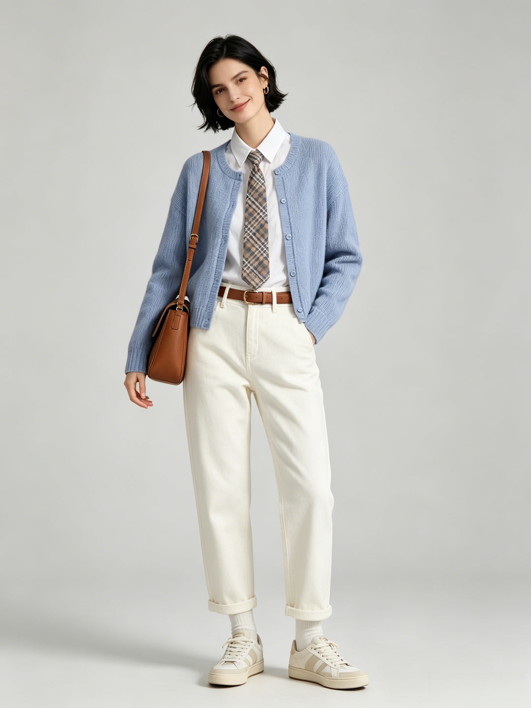 Women Soft Crew Neck Long-sleeved Knit Cardigan