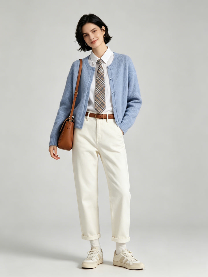 Women Soft Crew Neck Long-sleeved Knit Cardigan