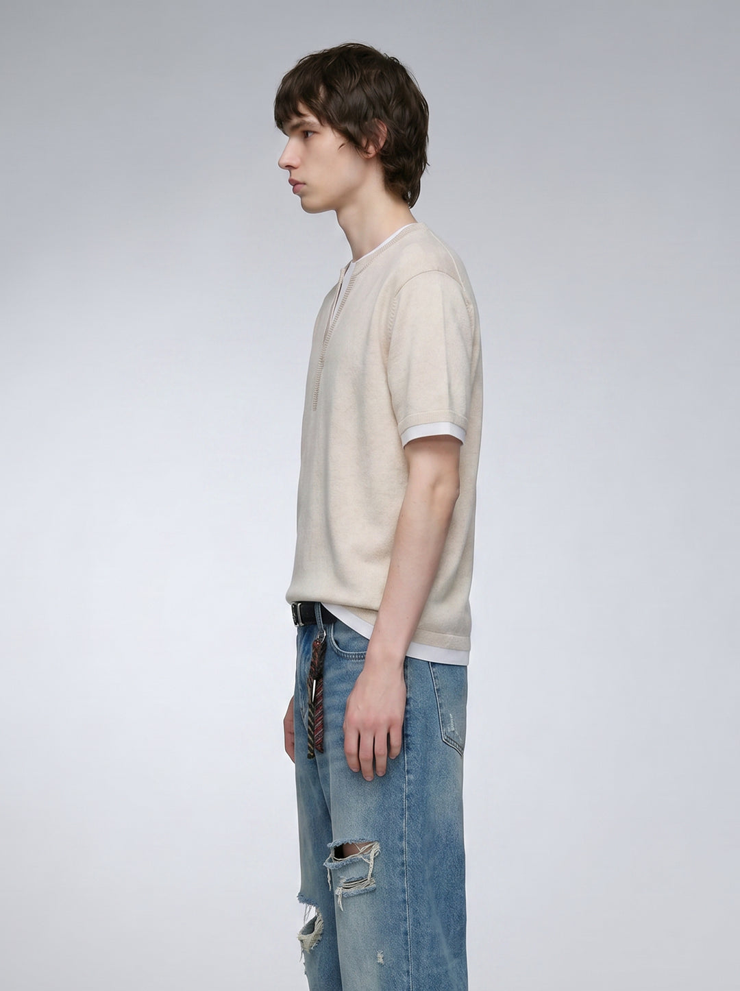 V-neck splicing fake two-piece knitted linen short-sleeved T-shirt top