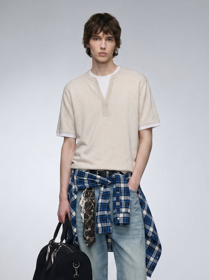 V-neck splicing fake two-piece knitted linen short-sleeved T-shirt top